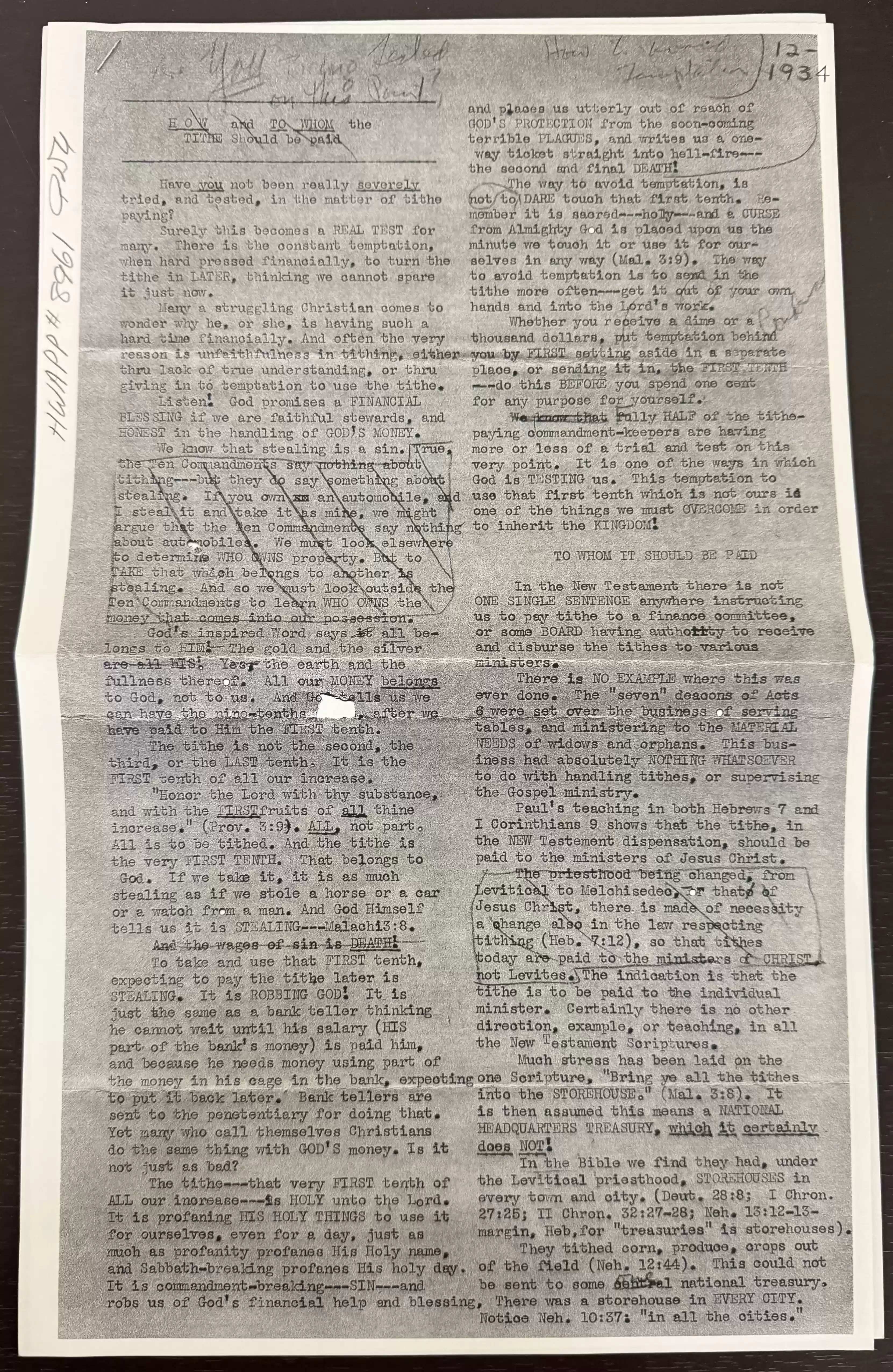 Tithing article draft 1930s